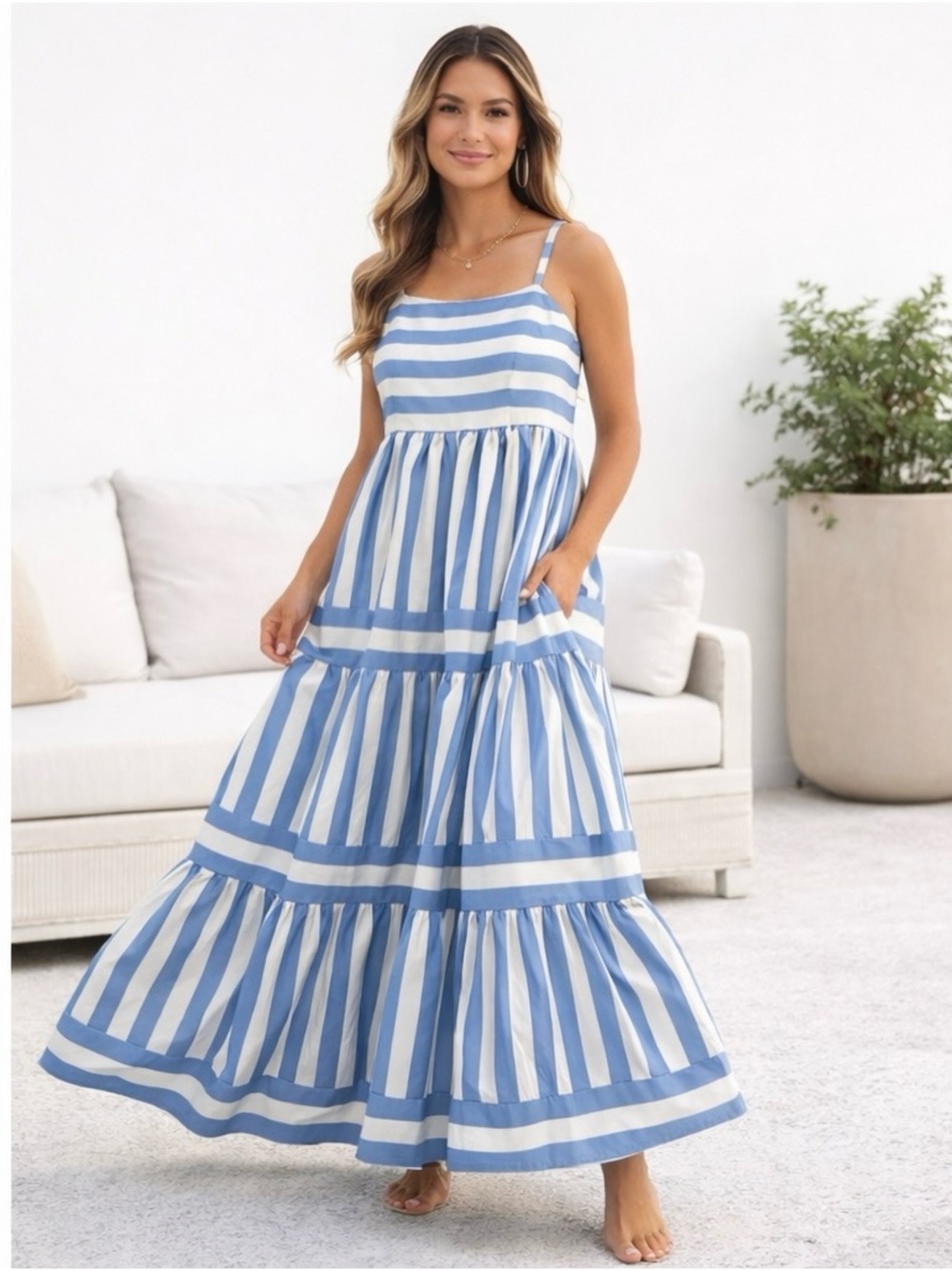 Blue White Striped Tiered Maxi Dress Smocked Back Summer